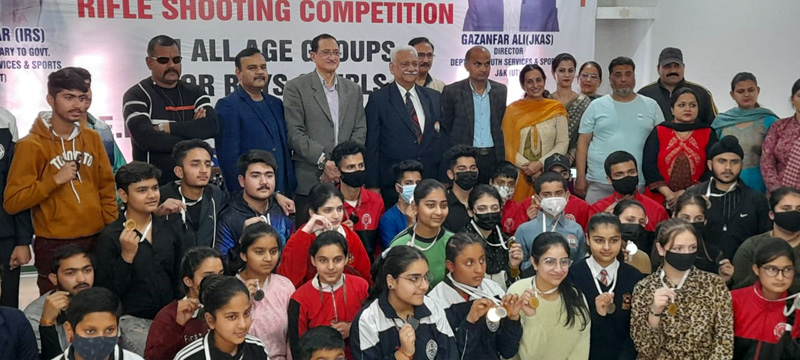 Winners displaying medals while posing with dignitaries at Shooting Hall Jammu on Wednesday. Winners displaying medals while posing with dignitaries at Shooting Hall Jammu on Wednesday.