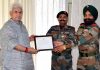 Lieutenant Governor Manoj Sinha felicitating commanding officer of JKLI in Jammu on Saturday.