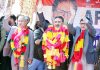 Altaf Bukhari, GH Mir and others at Apni Party workers convention at Shopian on Sunday.