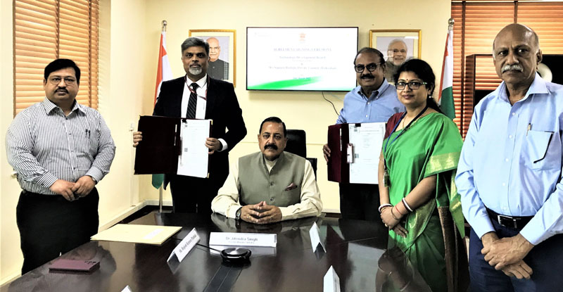 Union Minister Dr Jitendra Singh witnessing the signing of Agreement between Dr Krishna Ella of Bharat Biotech International Pvt. Ltd and Rajesh Pathak of Technology Development Board,Union Ministry of Science & Technology, at New Delhi on Saturday.