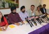Rakesh Wazir and others addressing a press conference at Katra on Friday.