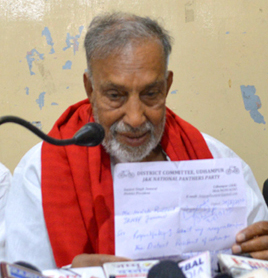 NPP president Prof Bhim Singh addressing press conference in Jammu on Sunday. NPP president Prof Bhim Singh addressing press conference in Jammu on Sunday.
