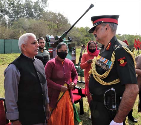 Lt Gen N K Khanduri interacting with families of Gallantry awardees during function at Mamun Cantt near Pathankot.