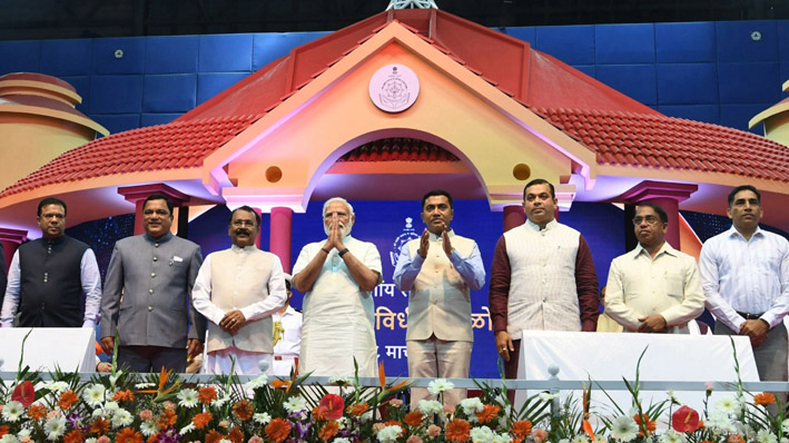 Prime Minister Narendra Modi attending the oath taking ceremony of Pramod Sawant as Chief Minister of Goa, in Panaji on Monday. (UNI) Prime Minister Narendra Modi attending the oath taking ceremony of Pramod Sawant as Chief Minister of Goa, in Panaji on Monday. (UNI)