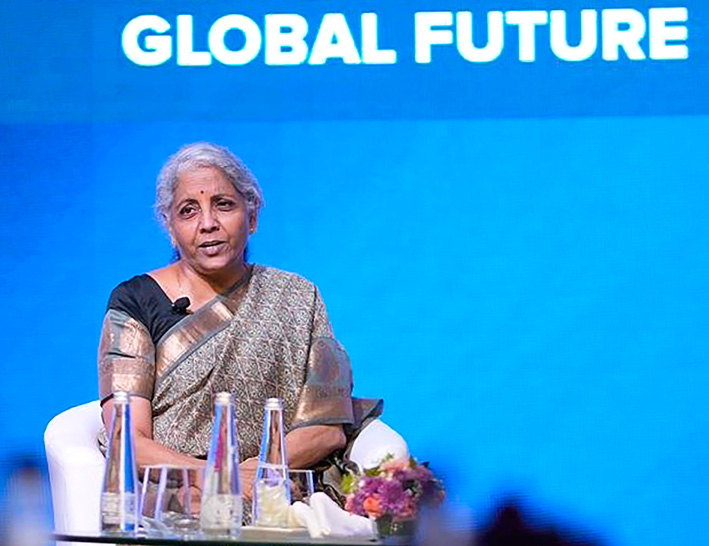 Union Finance Minister Nirmala Sitharaman addressing at India Global Forum in Bengaluru on Tuesday. (UNI) Union Finance Minister Nirmala Sitharaman addressing at India Global Forum in Bengaluru on Tuesday. (UNI)