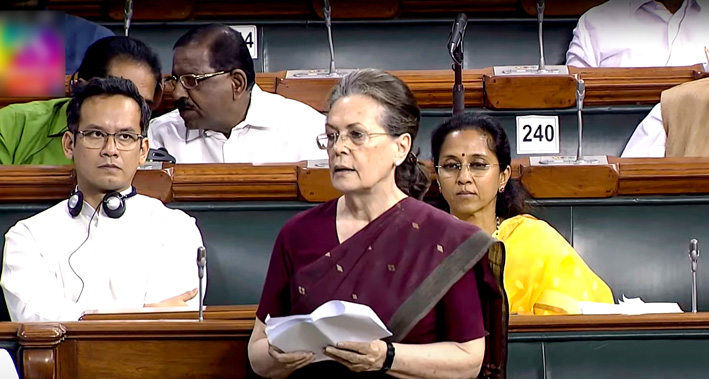 Congress President Sonia Gandhi speaking in Lok Sabha during the Budget Session of Parliament in New Delhi on Wednesday. (UNI ) Congress President Sonia Gandhi speaking in Lok Sabha during the Budget Session of Parliament in New Delhi on Wednesday. (UNI )