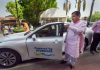 Union Road Transport and Highways Minister Nitin Gadkari arrives at Parliament by a green hydrogen-powered car, during the second part of the Budget Session, in New Delhi.