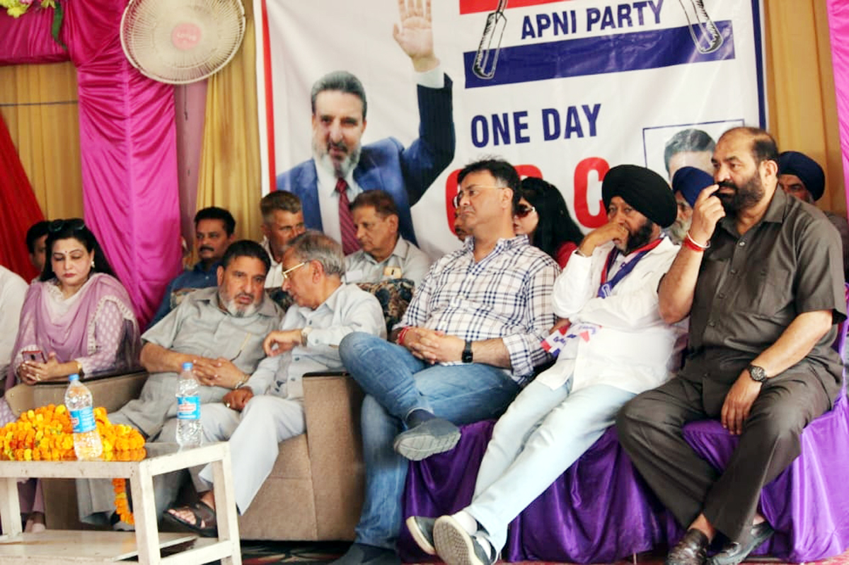 Senior Apni Party leaders Altaf Bukhari, G H Mir, Manjit Singh and others at OBC convention in Bishnah on Friday. Senior Apni Party leaders Altaf Bukhari, G H Mir, Manjit Singh and others at OBC convention in Bishnah on Friday.