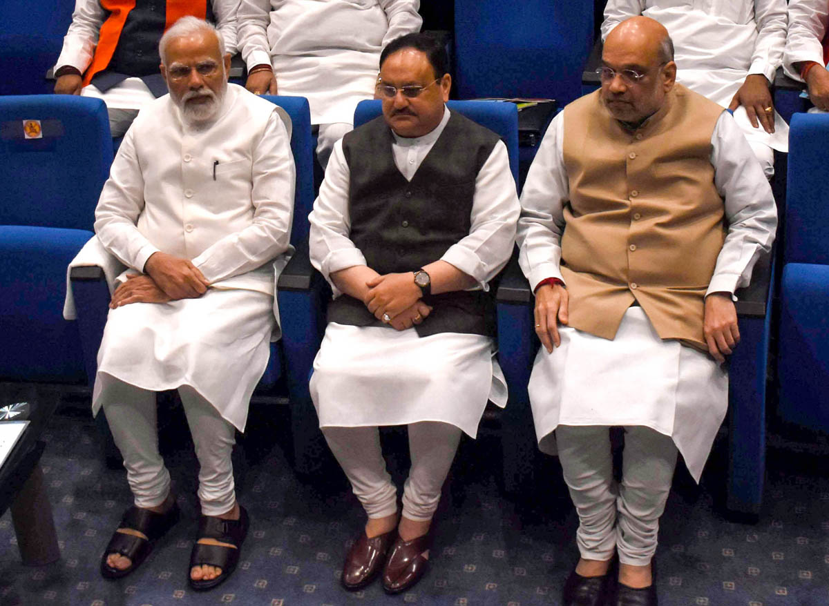 Prime Minister Narendra Modi with BJP National President Jagat Prakash Nadda, Union Home Minister Amit Shah and leaders durng the Parliamentary party meeting at Dr. Ambedkar International Centre, in New Delhi on Tuesday. (UNI) Prime Minister Narendra Modi with BJP National President Jagat Prakash Nadda, Union Home Minister Amit Shah and leaders durng the Parliamentary party meeting at Dr. Ambedkar International Centre, in New Delhi on Tuesday. (UNI)