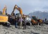 Rescuers at the site of bridge collapse at Nubra in Ladakh on Sunday. — Excelsior/ Morup Stanzin