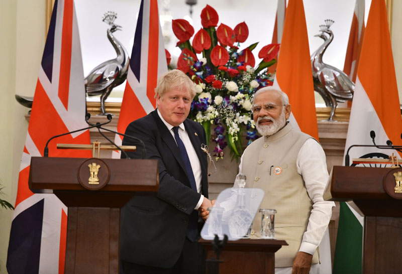 Prime Minister Narendra Modi shakes hand with Boris Johnson, Prime Minister of United Kingdom after delegation level talks, at Hyderabad House in New Delhi on Friday.(UNI) Prime Minister Narendra Modi shakes hand with Boris Johnson, Prime Minister of United Kingdom after delegation level talks, at Hyderabad House in New Delhi on Friday.(UNI)