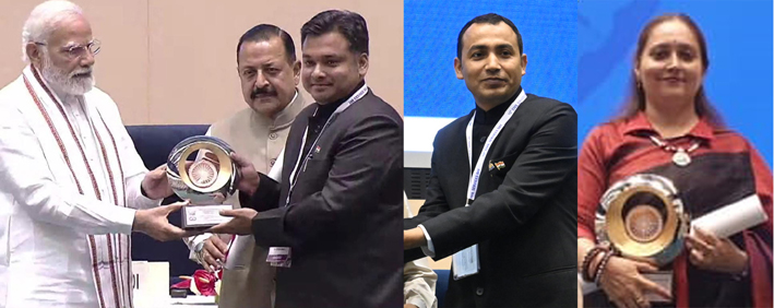 Prime Minister Narendra Modi presenting awards to Dr Piyush Singla, Ravinder Kumar and Sheetal Nanda in New Delhi on Thursday. Prime Minister Narendra Modi presenting awards to Dr Piyush Singla, Ravinder Kumar and Sheetal Nanda in New Delhi on Thursday.