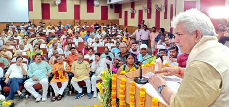 Lieutenant Governor Manoj Sinha addressing the gathering at Varanasi on Thursday. Lieutenant Governor Manoj Sinha addressing the gathering at Varanasi on Thursday.