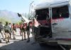 Security forces inspecting a tourist van after mysterious blast at parking of Tulip Garden in Srinagar on Wednesday. —Excelsior/Shakeel