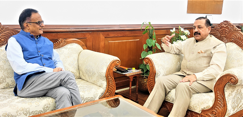 Newly appointed Principal Scientific Adviser (PSA) of India, Prof Ajay Kumar Sood calling on Union Minister Dr Jitendra Singh at North Block, New Delhi on Wednesday. Newly appointed Principal Scientific Adviser (PSA) of India, Prof Ajay Kumar Sood calling on Union Minister Dr Jitendra Singh at North Block, New Delhi on Wednesday.