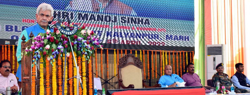 Lt Governor addressing public at border village Kalyanpur on Wednesday. Lt Governor addressing public at border village Kalyanpur on Wednesday.
