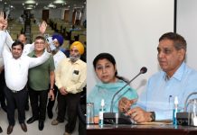 (L) Protesting Councillors raise slogans (R) Mayor Chander Mohan Gupta, Dy Mayor Purnima Sharma and JMC Commissioner Rahul Yadav chairing the General House Meeting of JMC. -Excelsior/Rakesh