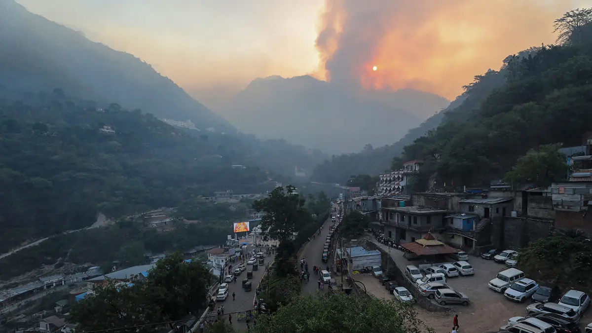 Fire engulfs Trikuta hills, abode of Vaishno Devi shrine, in Reasi district of Jammu and Kashmir. The fire was reported from the forest area