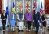 Prime Minister Narendra Modi meeting Prime Minister of Finland Sanna Marin, Prime Minister of Denmark Magdalena Andersson, PM of Denmark Mette Frederiksen, PM of Norwey Jonas Gahr Store and PM of Iceland Katrin Jakobsdottir at 2nd India-Nordic Summit, in Copenhagen on Wednesday. (UNI)