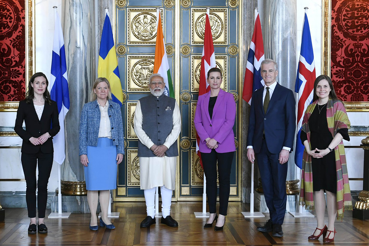 Prime Minister Narendra Modi meeting Prime Minister of Finland Sanna Marin, Prime Minister of Denmark Magdalena Andersson, PM of Denmark Mette Frederiksen, PM of Norwey Jonas Gahr Store and PM of Iceland Katrin Jakobsdottir at 2nd India-Nordic Summit, in Copenhagen on Wednesday. (UNI) Prime Minister Narendra Modi meeting Prime Minister of Finland Sanna Marin, Prime Minister of Denmark Magdalena Andersson, PM of Denmark Mette Frederiksen, PM of Norwey Jonas Gahr Store and PM of Iceland Katrin Jakobsdottir at 2nd India-Nordic Summit, in Copenhagen on Wednesday. (UNI)