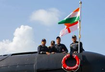 Defence Minister Rajnath Singh spends day-at-sea aboard INS Khanderia during his visit to Karwar Naval Base in Karnataka on Friday. (UNI)