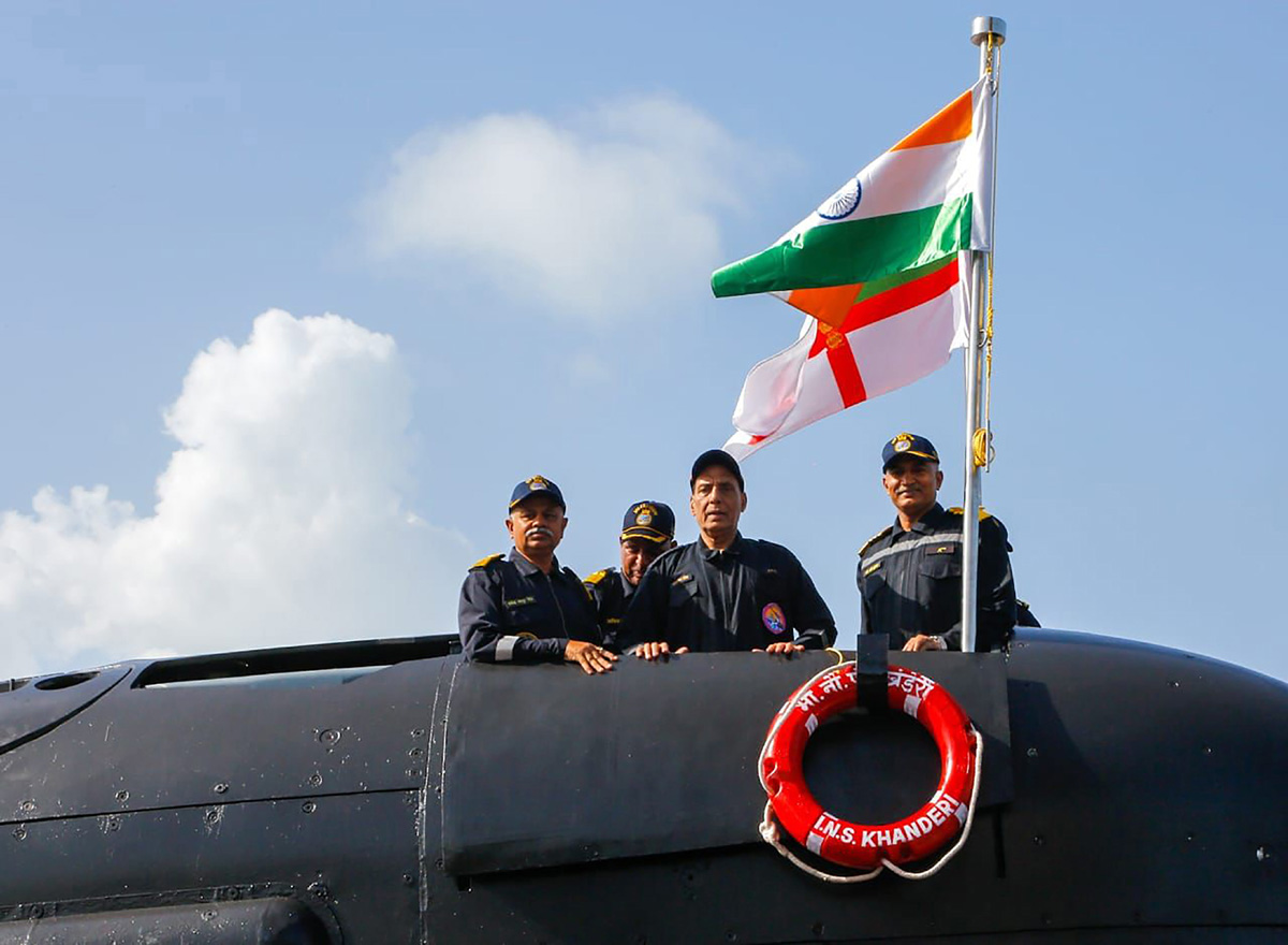 Defence Minister Rajnath Singh spends day-at-sea aboard INS Khanderia during his visit to Karwar Naval Base in Karnataka on Friday. (UNI) Defence Minister Rajnath Singh spends day-at-sea aboard INS Khanderia during his visit to Karwar Naval Base in Karnataka on Friday. (UNI)
