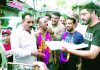 Umran Malik’s father celebrating along with family members and friends on selection of his son in Indian team squad at Jammu on Sunday.