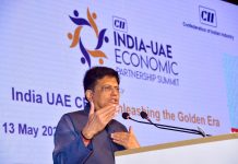 Union Minister for Commerce and Industry Piyush Goyal addressing at the launch of 'India-UAE Start-up Bridge' with UAE Minister of Economy, Abdulla Bin Touq Al Marri at India-UAE Economic Partnership Summit in Mumbai on Friday. (UNI)