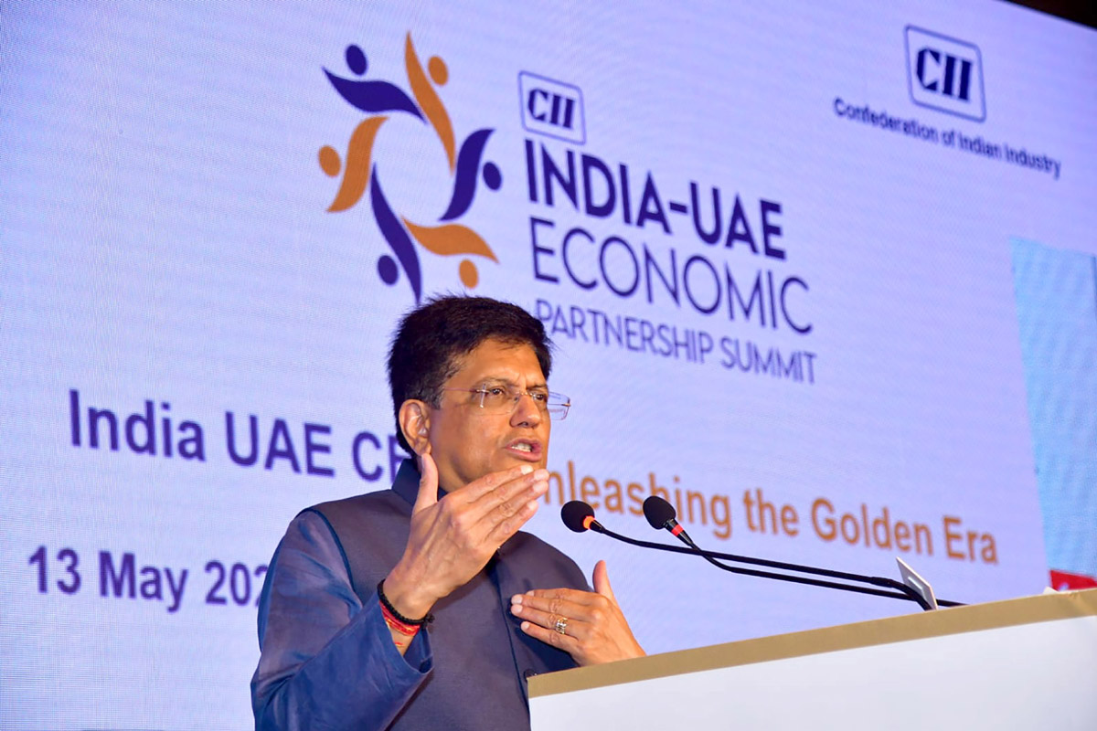 Union Minister for Commerce and Industry Piyush Goyal addressing at the launch of 'India-UAE Start-up Bridge' with UAE Minister of Economy, Abdulla Bin Touq Al Marri at India-UAE Economic Partnership Summit in Mumbai on Friday. (UNI)