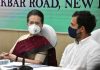 Congress president Sonia Gandhi with party leader Rahul Gandhi during CWC meeting in New Delhi on Monday.(UNI)