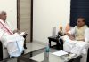 Lieutenant Governor Manoj Sinha in a meeting with Defence Minister Rajnath Singh in New Delhi on Monday.