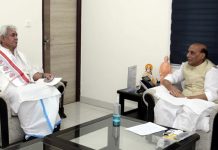 Lieutenant Governor Manoj Sinha in a meeting with Defence Minister Rajnath Singh in New Delhi on Monday.