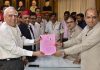 Former Congress leader Kapil Sibal filing his nomination for Rajya Sabha in the presence of Samajwadi Party president Akhilesh Yadav and party leader Ramgopal Yadav in Lucknow on Wednesday. (UNI)