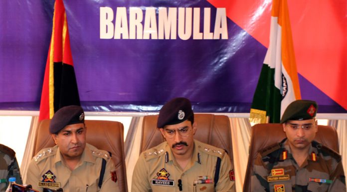 SSP Baramulla Rayees Bhat addressing a press conference on Thursday. -Excelsior/Aabid Nabi