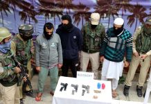 Militants arrested at Pattan in Baramulla on Tuesday. -Excelsior/Aabid Nabi