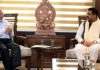 Lieutenant Governor of Ladakh R K Mathur in a meeting with Education Minister Dharmendra Pradhan in New Delhi on Tuesday.