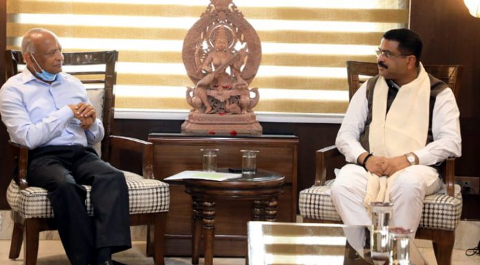 Lieutenant Governor of Ladakh R K Mathur in a meeting with Education Minister Dharmendra Pradhan in New Delhi on Tuesday.