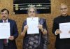 Delimitation Commission Chairperson Justice (Retd) Ranjana Prakash Desai and ex-officio members Chief Election Commissioner Sushil Chandra and State Election Commissioner K K Sharma finalising the Delimitation order in New Delhi on Thursday.