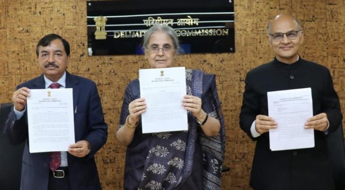 Delimitation Commission Chairperson Justice (Retd) Ranjana Prakash Desai and ex-officio members Chief Election Commissioner Sushil Chandra and State Election Commissioner K K Sharma finalising the Delimitation order in New Delhi on Thursday.