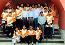 Vice Chancellor Prof Bachan Lal posings for a group photograph with Pencak Silat team at Jammu on Monday.