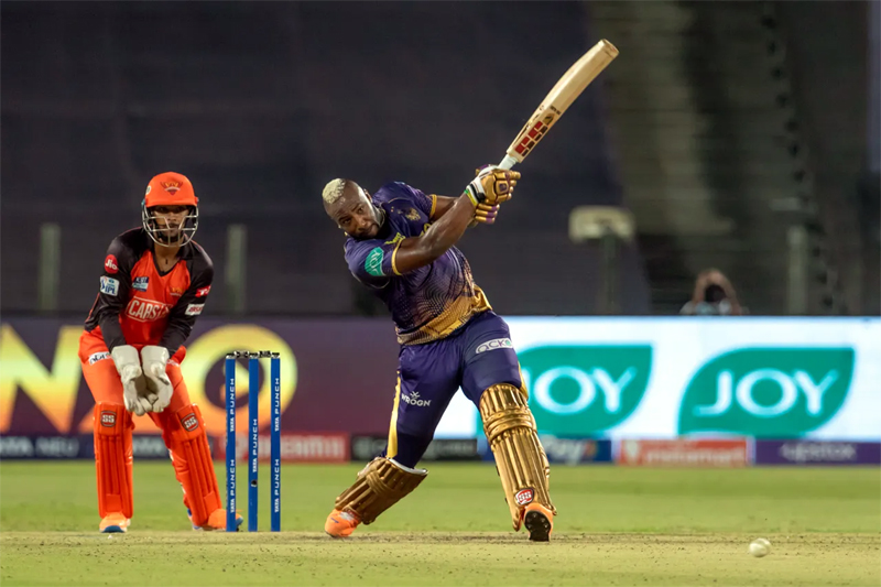 Andre Russell playing a shot against Sunrisers Hyderabad during a match at Pune.