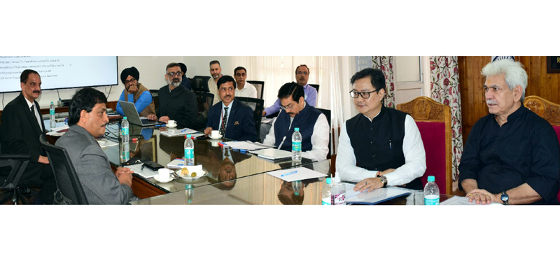 Union Law Minister Kiren Rijiju and LG Manoj Sinha chairing a meeting in Srinagar on Saturday. Union Law Minister Kiren Rijiju and LG Manoj Sinha chairing a meeting in Srinagar on Saturday.