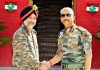 Outgoing GOC of Chinar Corps Lt Gen D P Pandey handing over the command to Lt Gen Amardeep Singh Aujla at a function in Srinagar on Monday. (UNI)