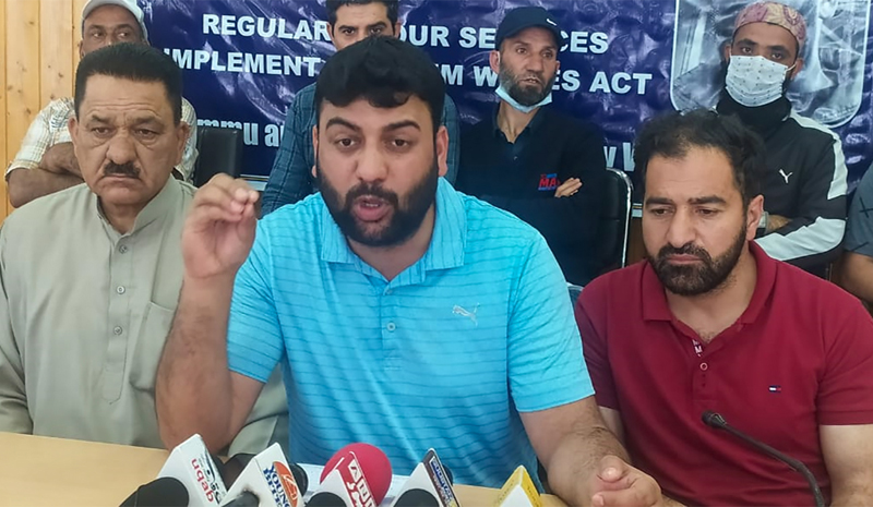 PHE casual daily wagers president Sajad Ahmad Parray addressing a press conference in Srinagar. —Excelsior/Shakeel PHE casual daily wagers president Sajad Ahmad Parray addressing a press conference in Srinagar. —Excelsior/Shakeel