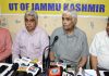 Senior members of Jammu Kashmir People’s Forum addressing press conference in Jammu on Friday.
