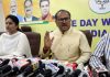 Dr Nirmal Singh addressing a press conference at BJP office in Jammu on Thursday.
