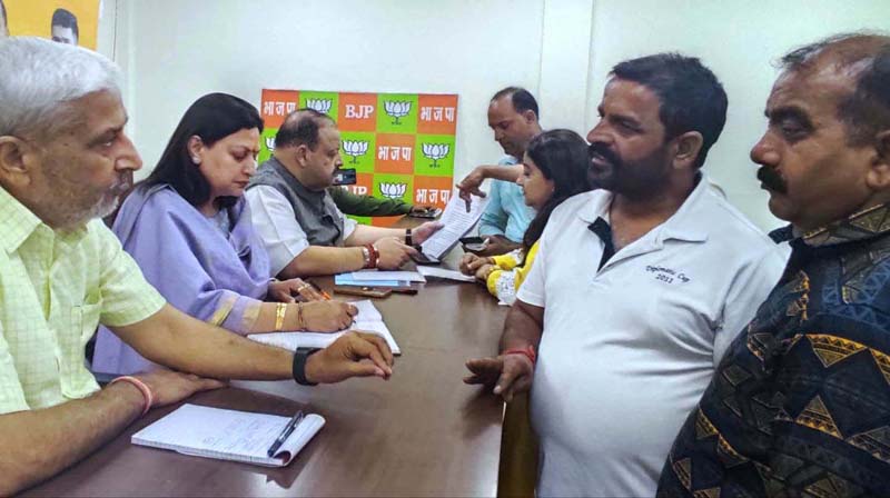 BJP leaders listening public grievances at party office Trikuta Nagar on Thursday.