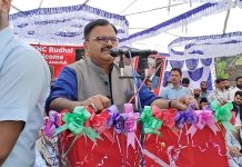 Senior NC leader Javed Rana addressing workers’ meeting in Mendhar on Friday.