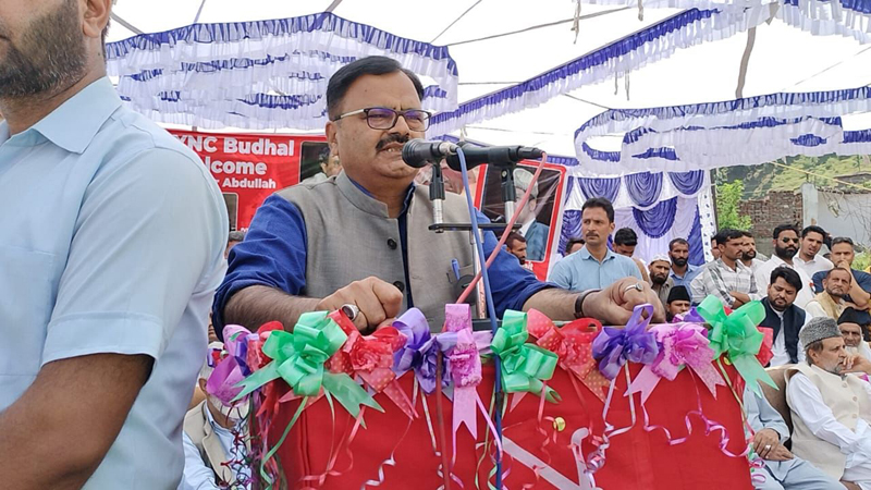 Senior NC leader Javed Rana addressing workers’ meeting in Mendhar on Friday. Senior NC leader Javed Rana addressing workers’ meeting in Mendhar on Friday.