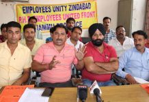 PHE Employees United Front leaders addressing joint press conference in Jammu on Thursday. Excelsior/Rakesh